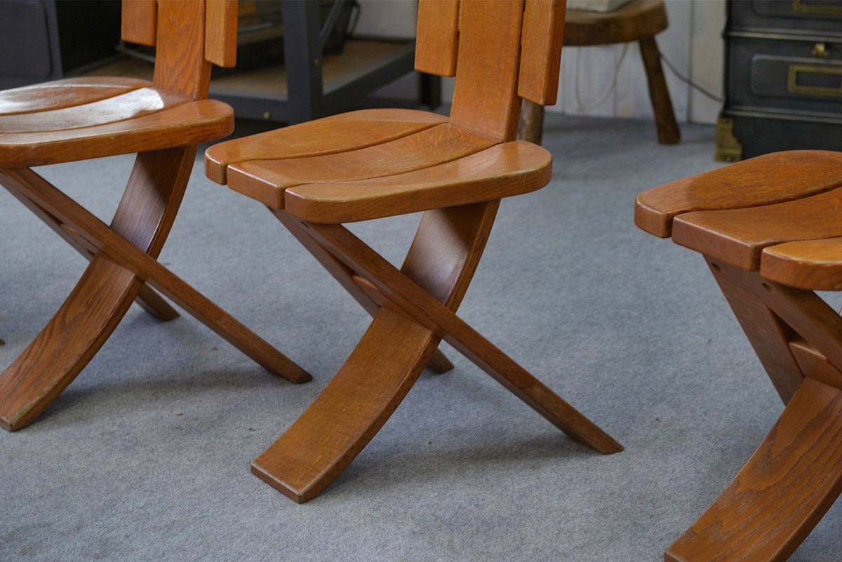 Set Of 5 Solid Oak Chairs By Seltz Manufacture 1970's-photo-2