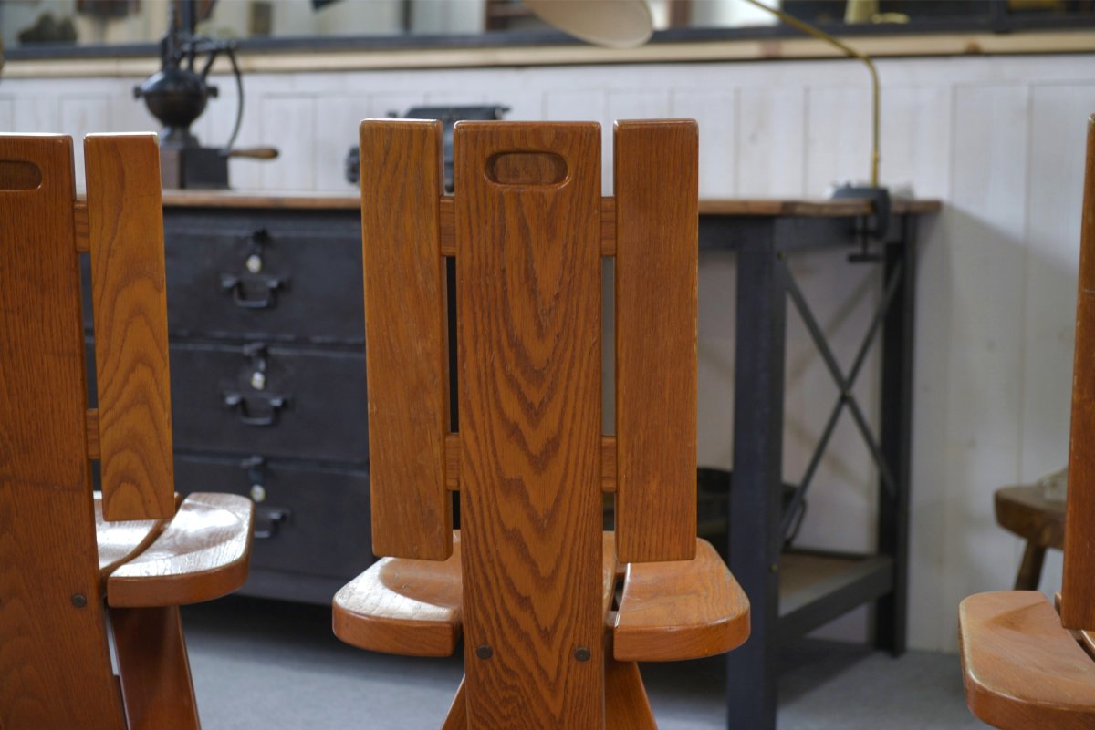 Set Of 5 Solid Oak Chairs By Seltz Manufacture 1970's-photo-3