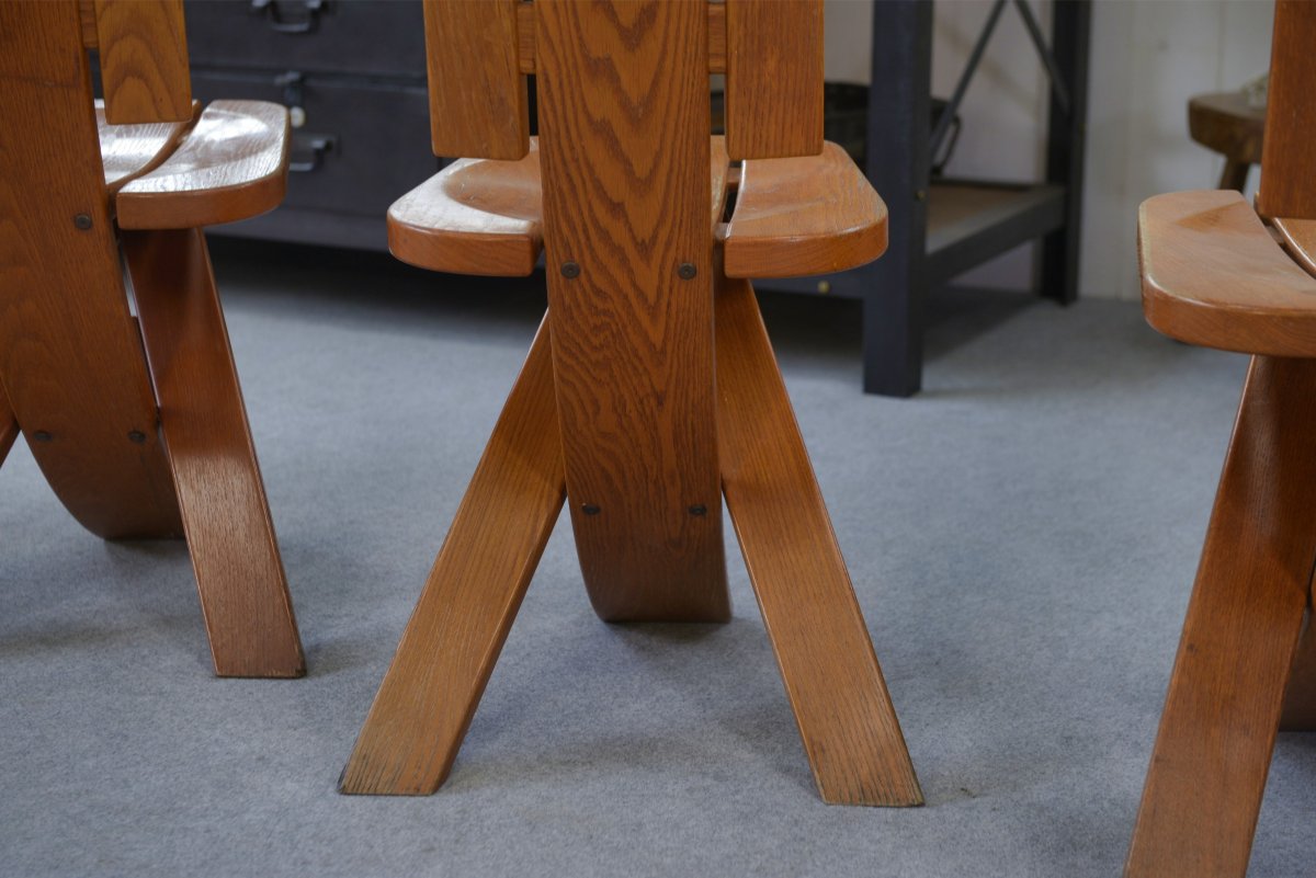 Set Of 5 Solid Oak Chairs By Seltz Manufacture 1970's-photo-5