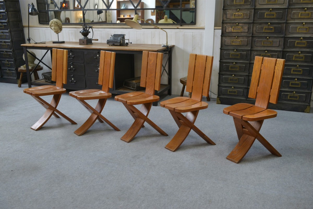 Set Of 5 Solid Oak Chairs By Seltz Manufacture 1970's