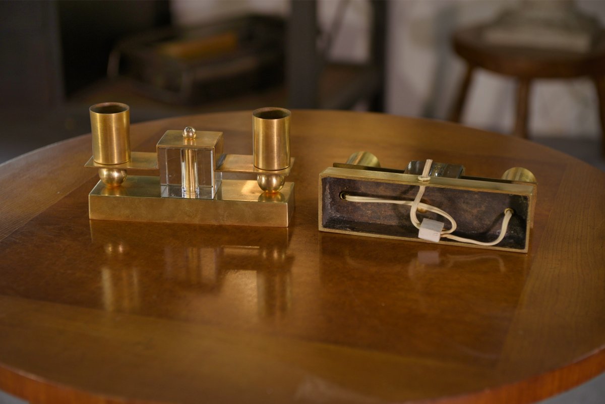 Pair Of Brass And Bohemian Crystal Wall Lights In The Style Of Jean Royère, 1940s-photo-3