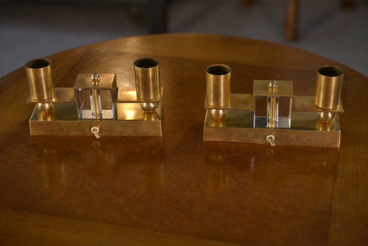 Pair Of Brass And Bohemian Crystal Wall Lights In The Style Of Jean Royère, 1940s-photo-4