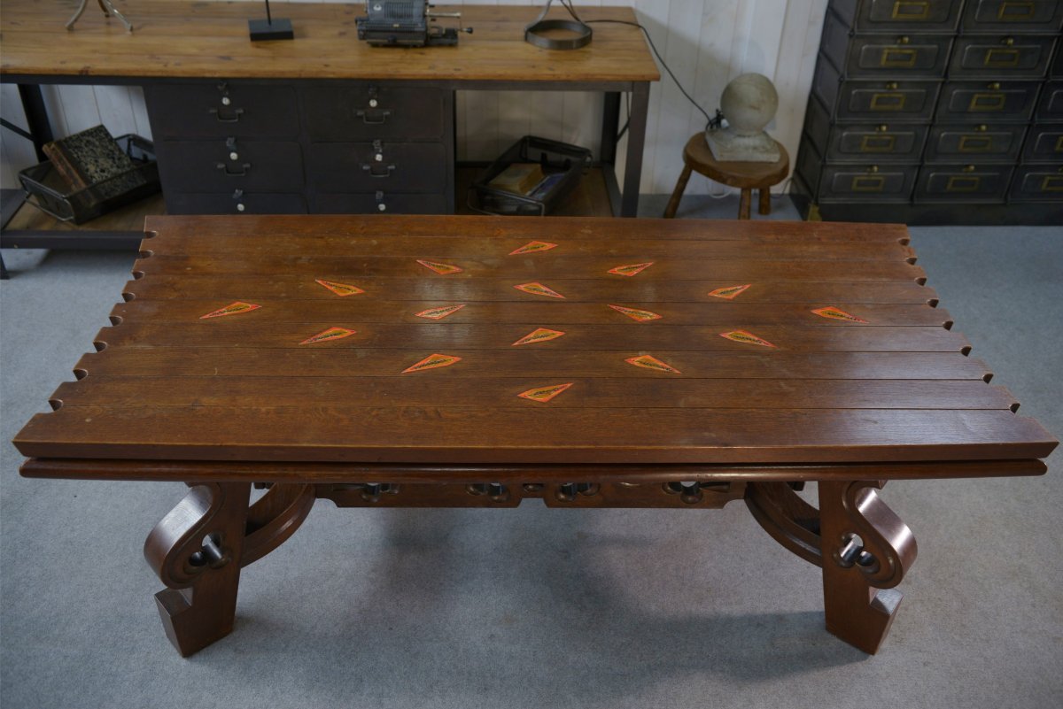 Rustic Oak Table With Ceramic Inlays By A Student Of Joseph Savina, 1950s-photo-2