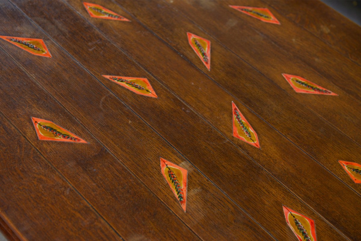 Rustic Oak Table With Ceramic Inlays By A Student Of Joseph Savina, 1950s-photo-3