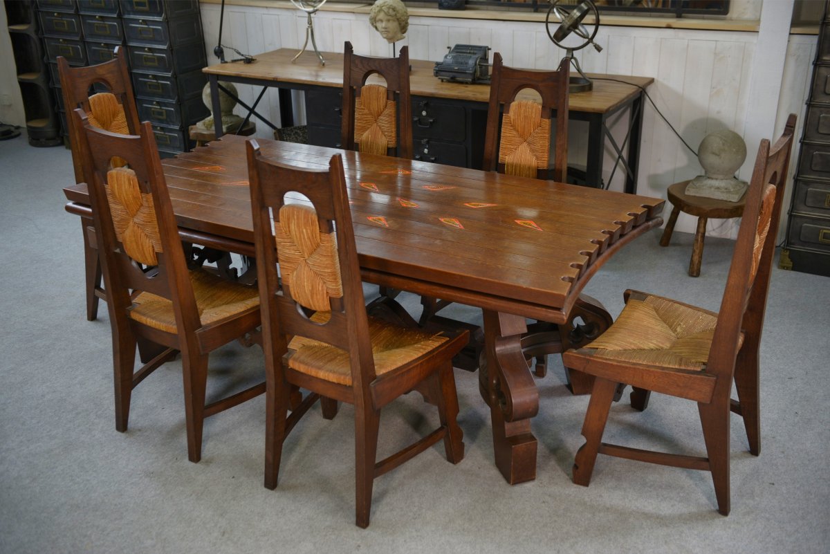 Rustic Oak Table With Ceramic Inlays By A Student Of Joseph Savina, 1950s-photo-4