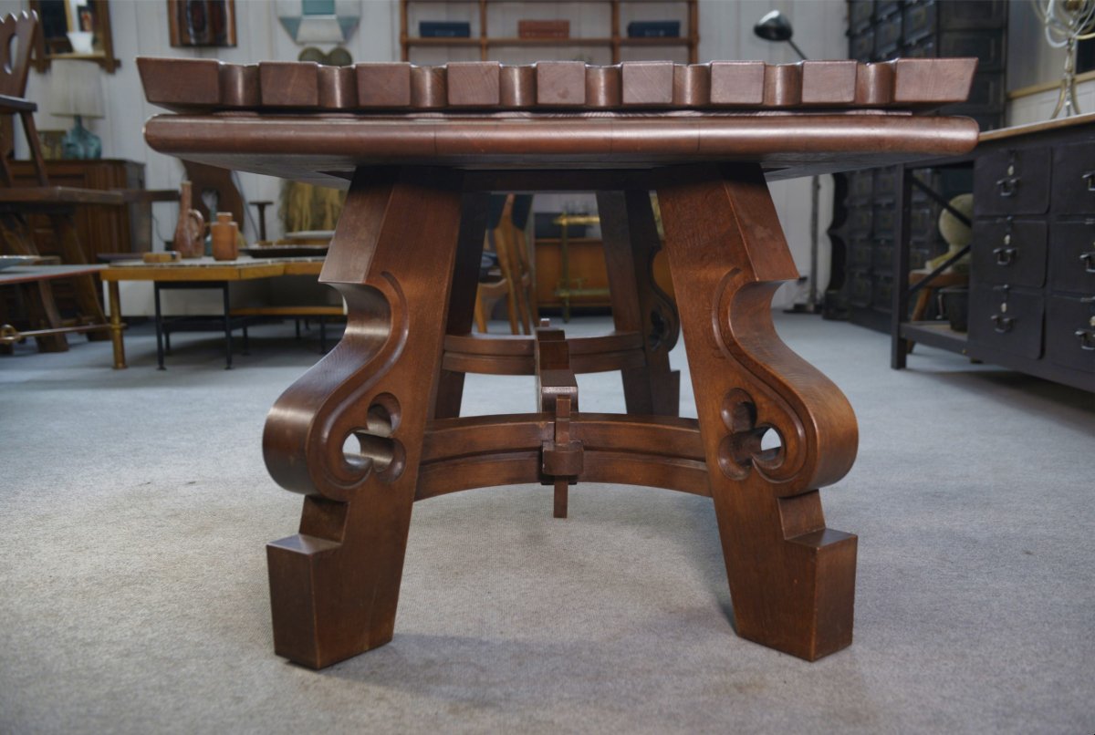Rustic Oak Table With Ceramic Inlays By A Student Of Joseph Savina, 1950s-photo-1
