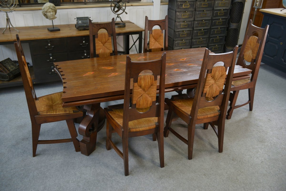 Rustic Oak Table With Ceramic Inlays By A Student Of Joseph Savina, 1950s-photo-5