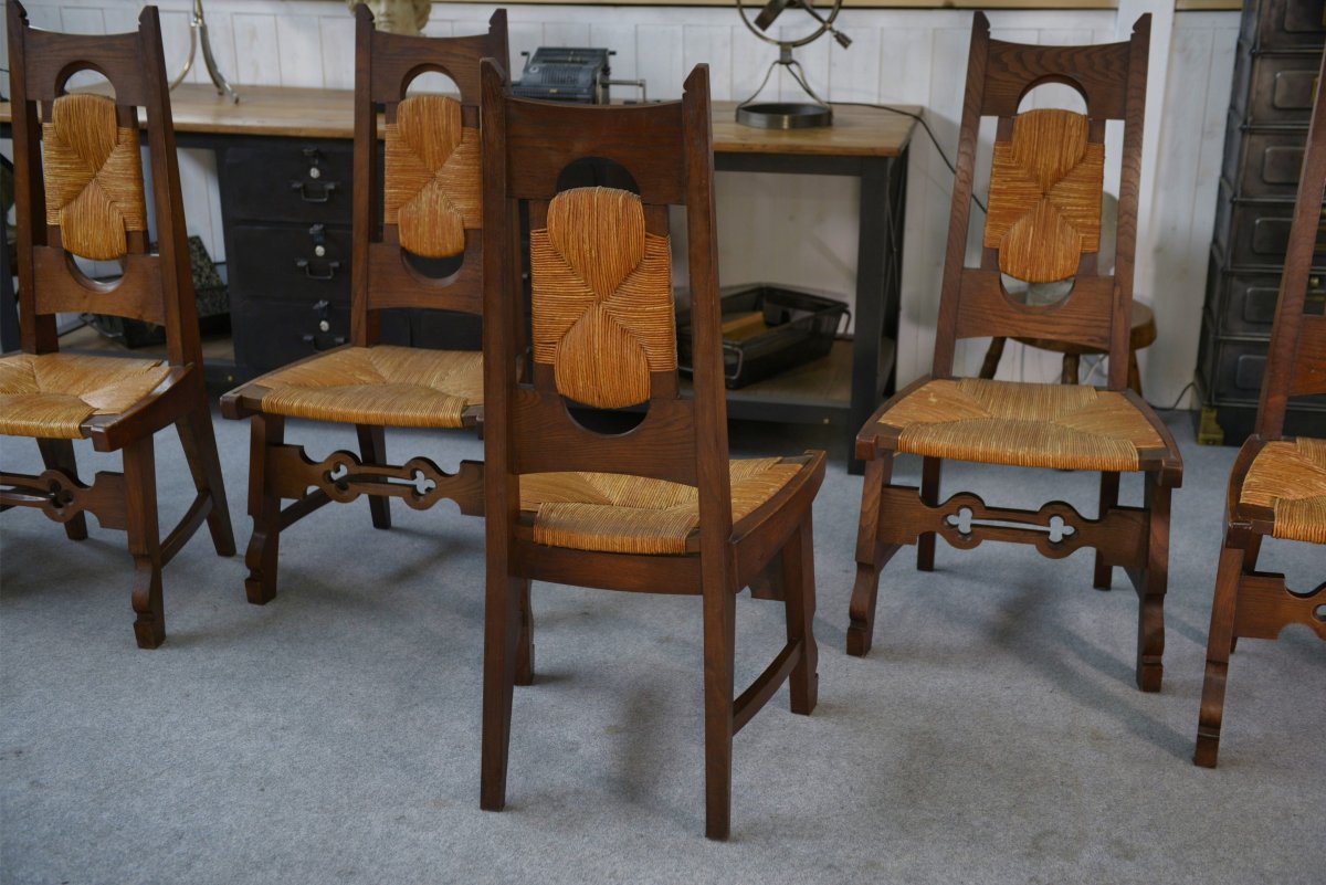 8 Rustic Oak Chairs By A Student Of Joseph Savina 1950's-photo-2