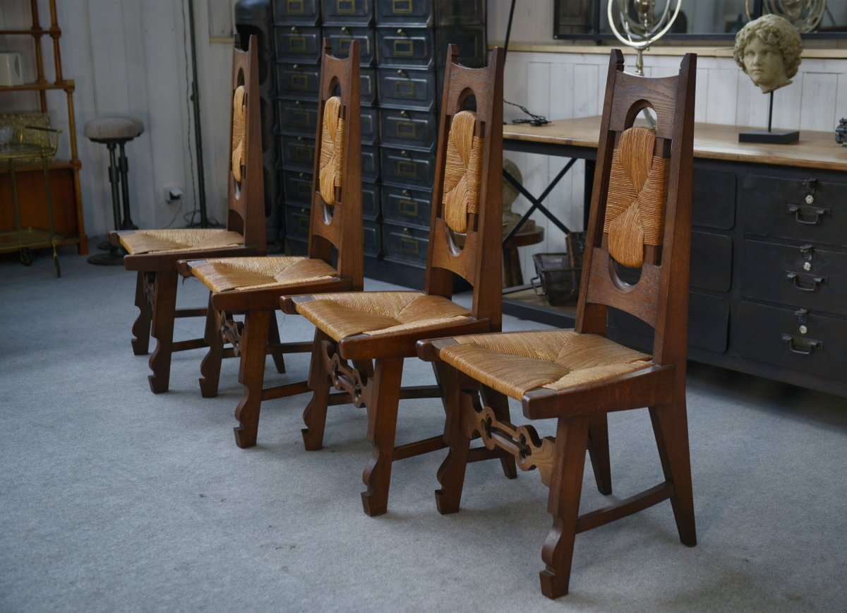8 Rustic Oak Chairs By A Student Of Joseph Savina 1950's-photo-4