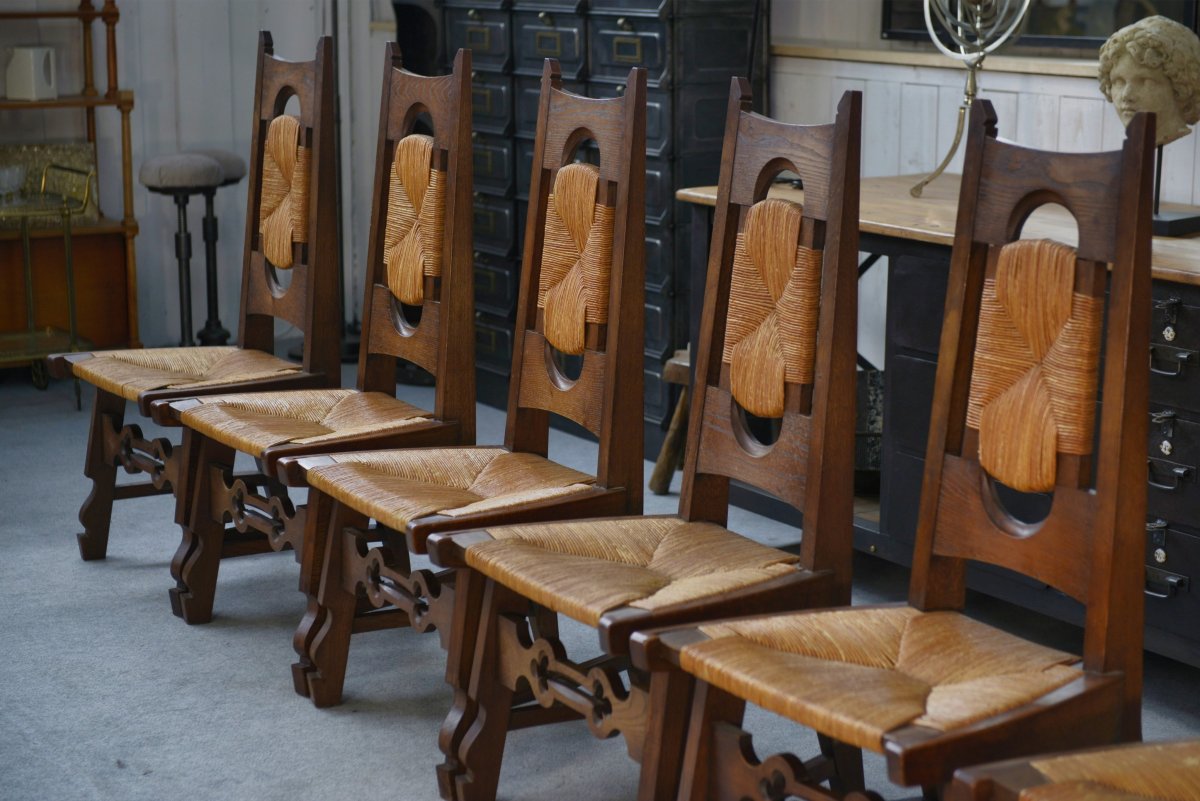 8 Rustic Oak Chairs By A Student Of Joseph Savina 1950's-photo-5