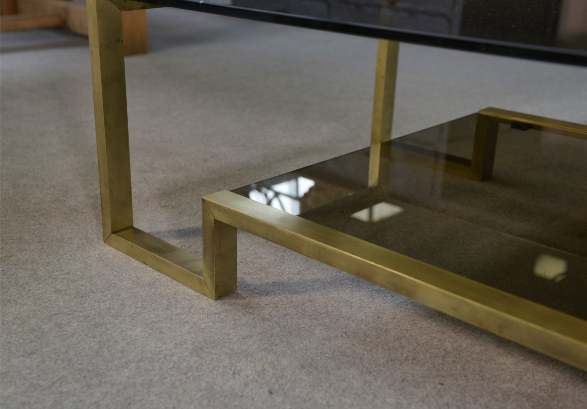 Designer Coffee Table With Brass Structure And Black Smoked Glass, 1970s-photo-2