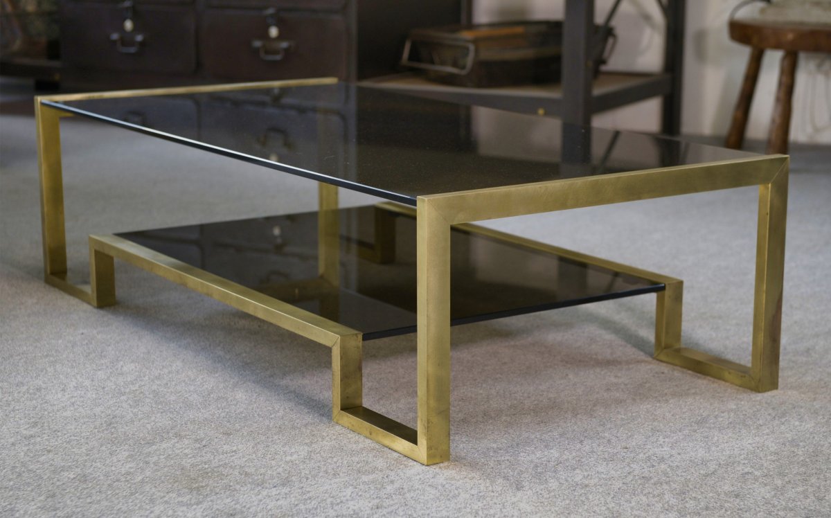 Designer Coffee Table With Brass Structure And Black Smoked Glass, 1970s-photo-3