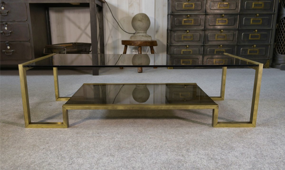 Designer Coffee Table With Brass Structure And Black Smoked Glass, 1970s-photo-4