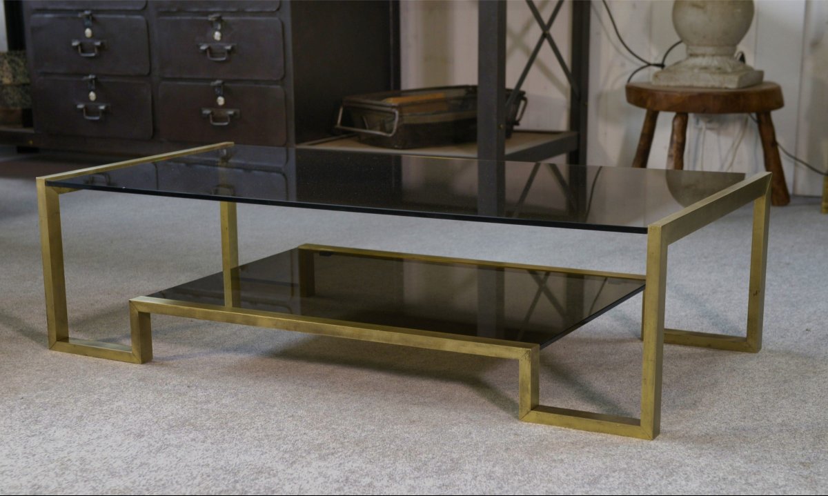 Designer Coffee Table With Brass Structure And Black Smoked Glass, 1970s-photo-4