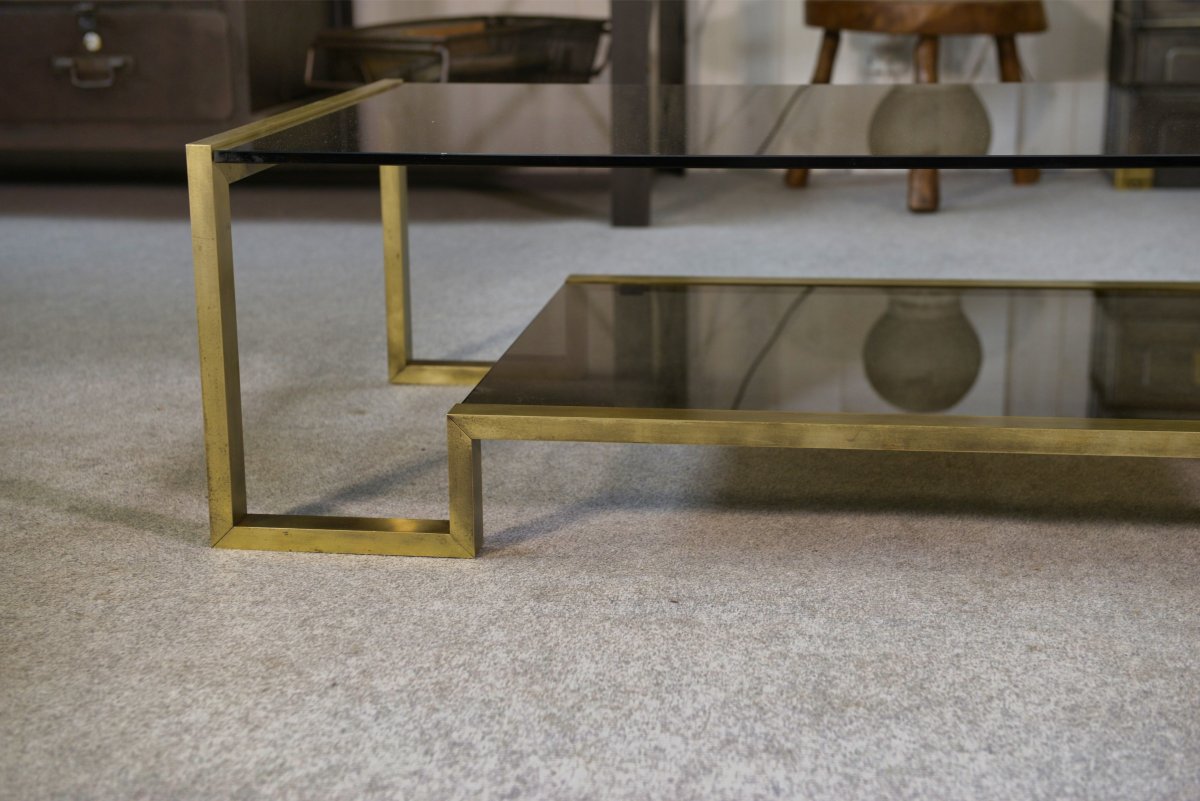 Designer Coffee Table With Brass Structure And Black Smoked Glass, 1970s-photo-5