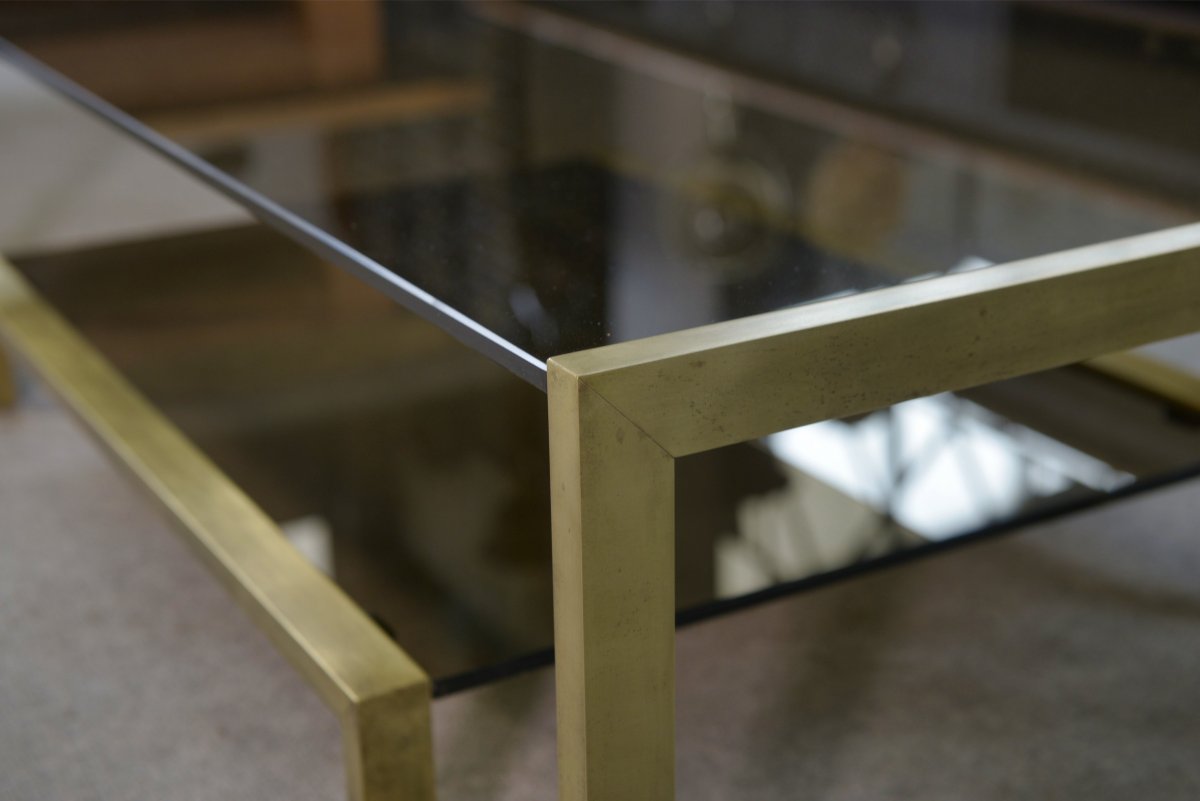 Designer Coffee Table With Brass Structure And Black Smoked Glass, 1970s-photo-7