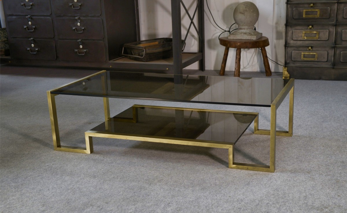 Designer Coffee Table With Brass Structure And Black Smoked Glass, 1970s