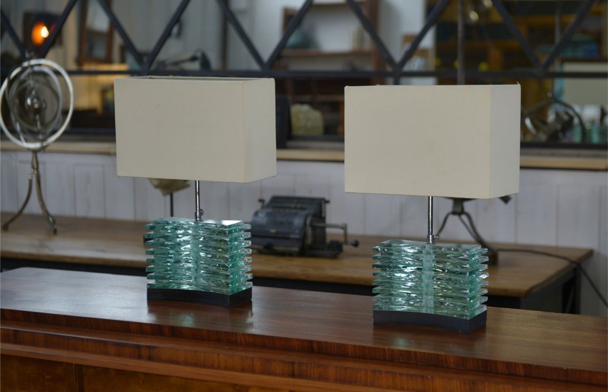 Paire de lampes brutalistes en verre brut et abat jour beige 1960's-photo-4