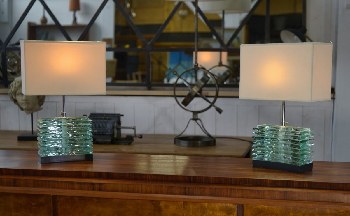 Paire de lampes brutalistes en verre brut et abat jour beige 1960's-photo-1