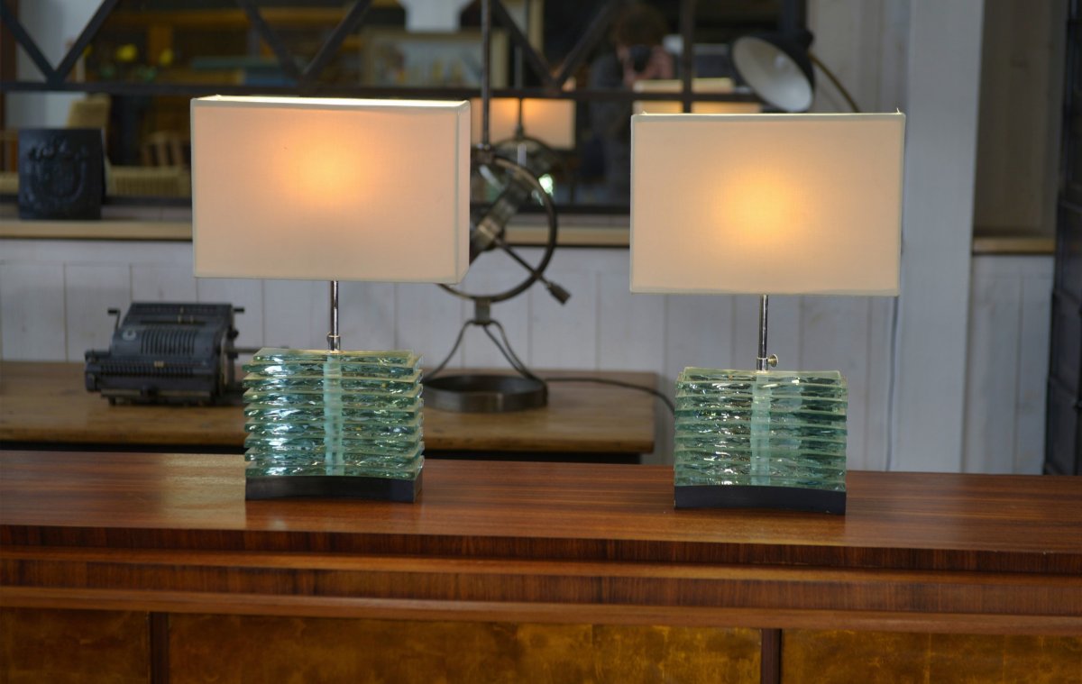 Paire de lampes brutalistes en verre brut et abat jour beige 1960's-photo-2