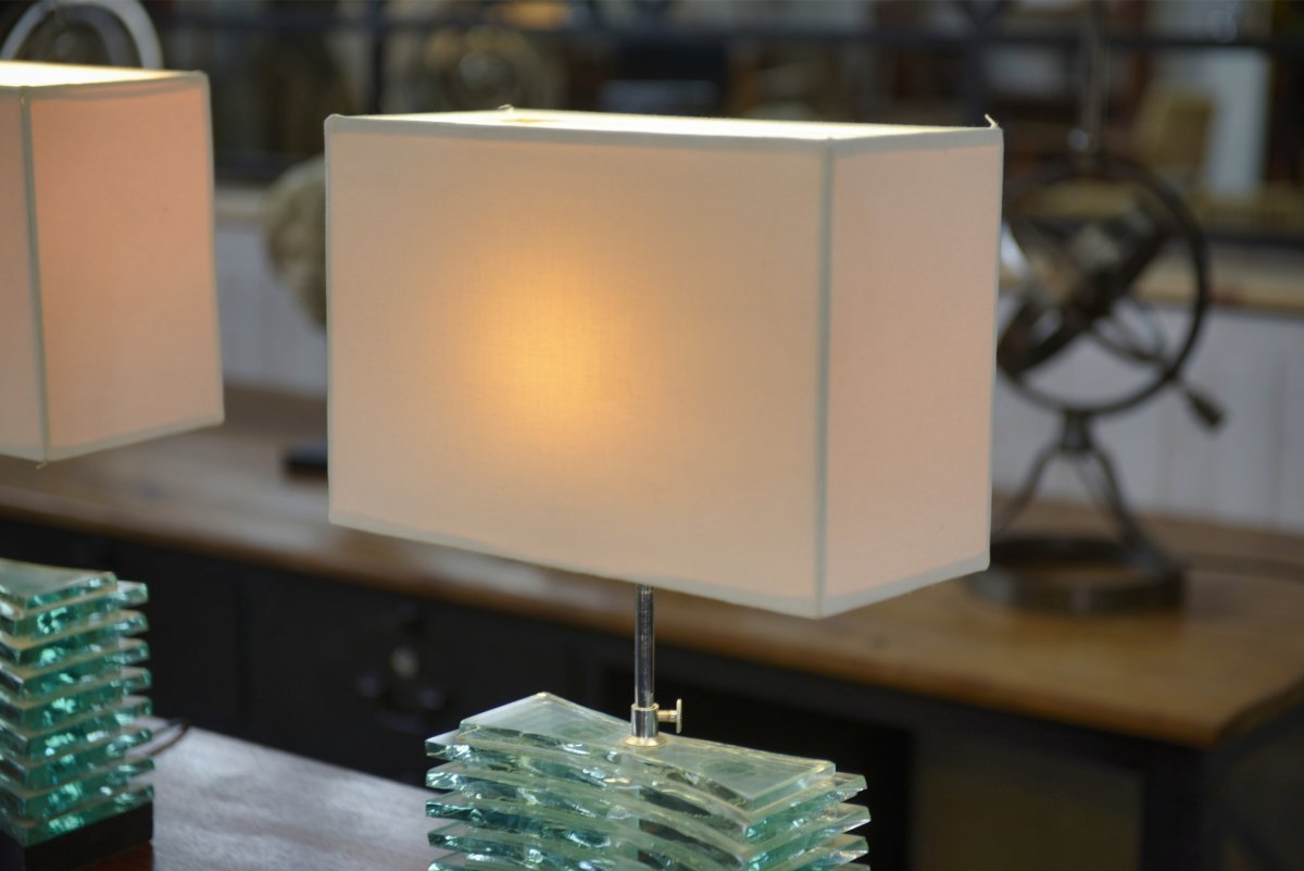 Paire de lampes brutalistes en verre brut et abat jour beige 1960's-photo-4