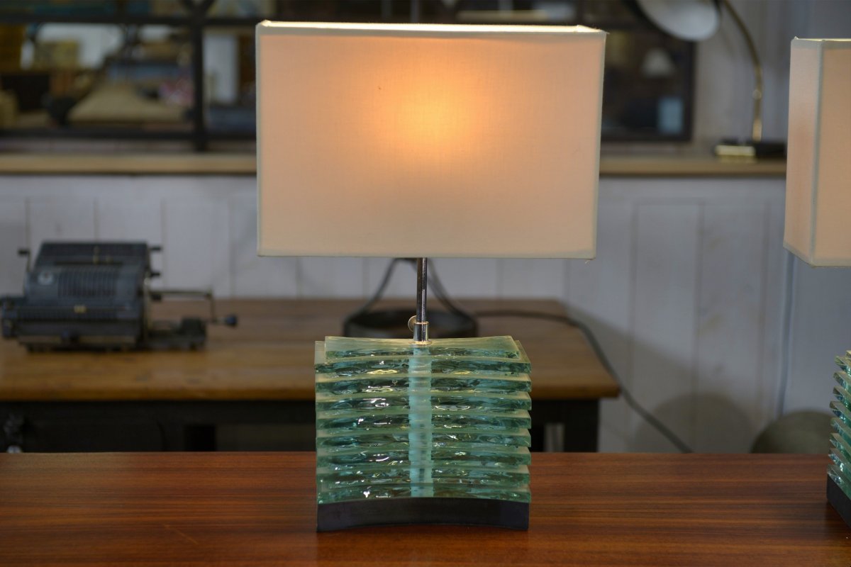 Paire de lampes brutalistes en verre brut et abat jour beige 1960's-photo-5