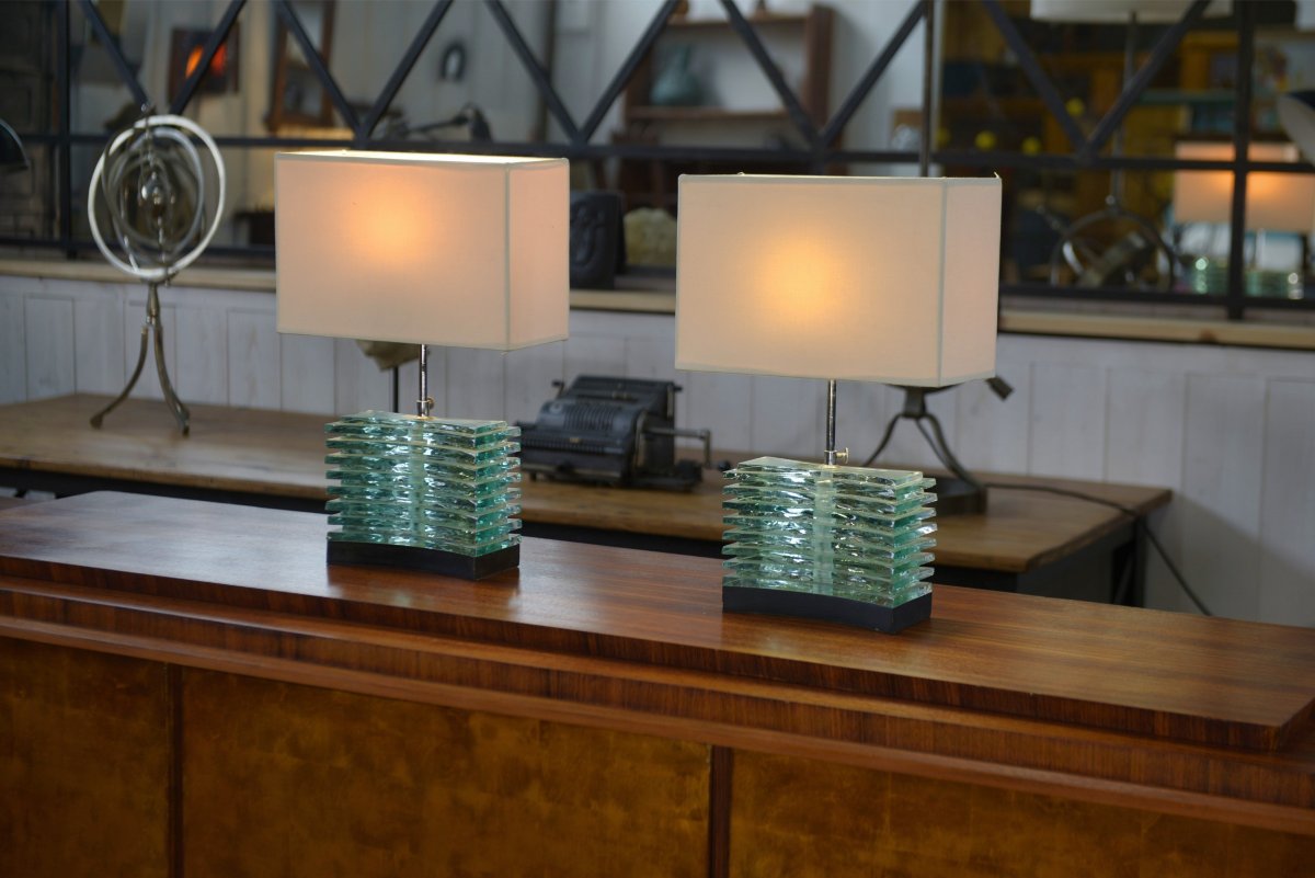 Paire de lampes brutalistes en verre brut et abat jour beige 1960's-photo-7