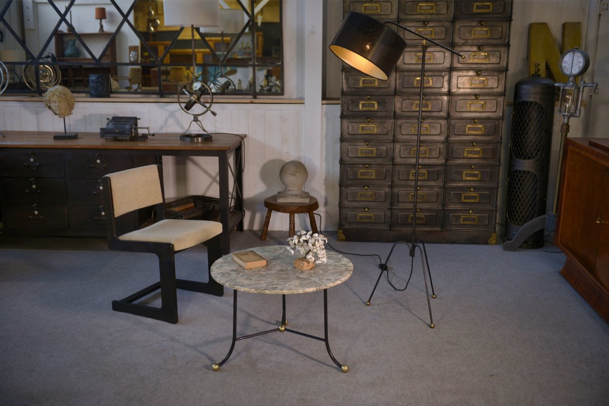 Marble Side Table With Wrought Iron Base And Brass Balls In The Style Of Jean Royère-photo-2