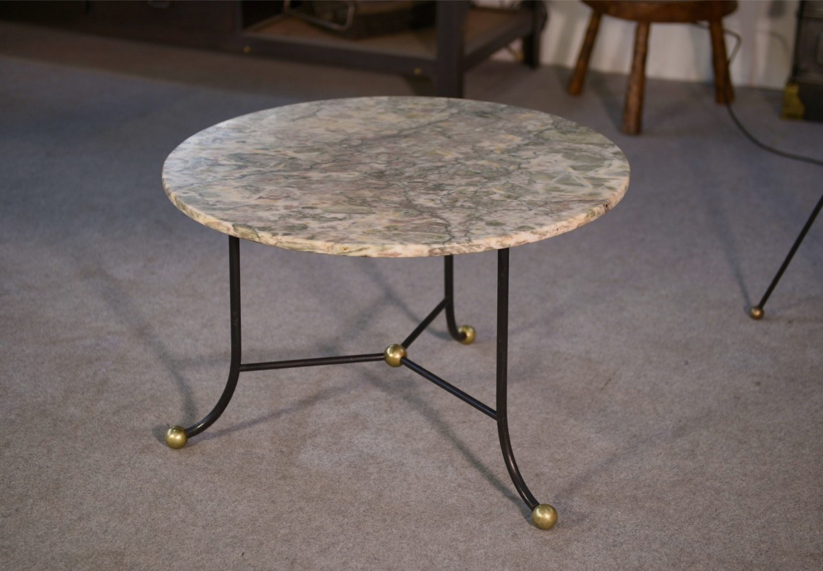 Marble Side Table With Wrought Iron Base And Brass Balls In The Style Of Jean Royère