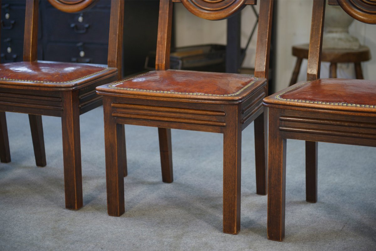 Ensemble de 6 chaises avec assises en cuir par Étienne Kohlmann 1960's-photo-6