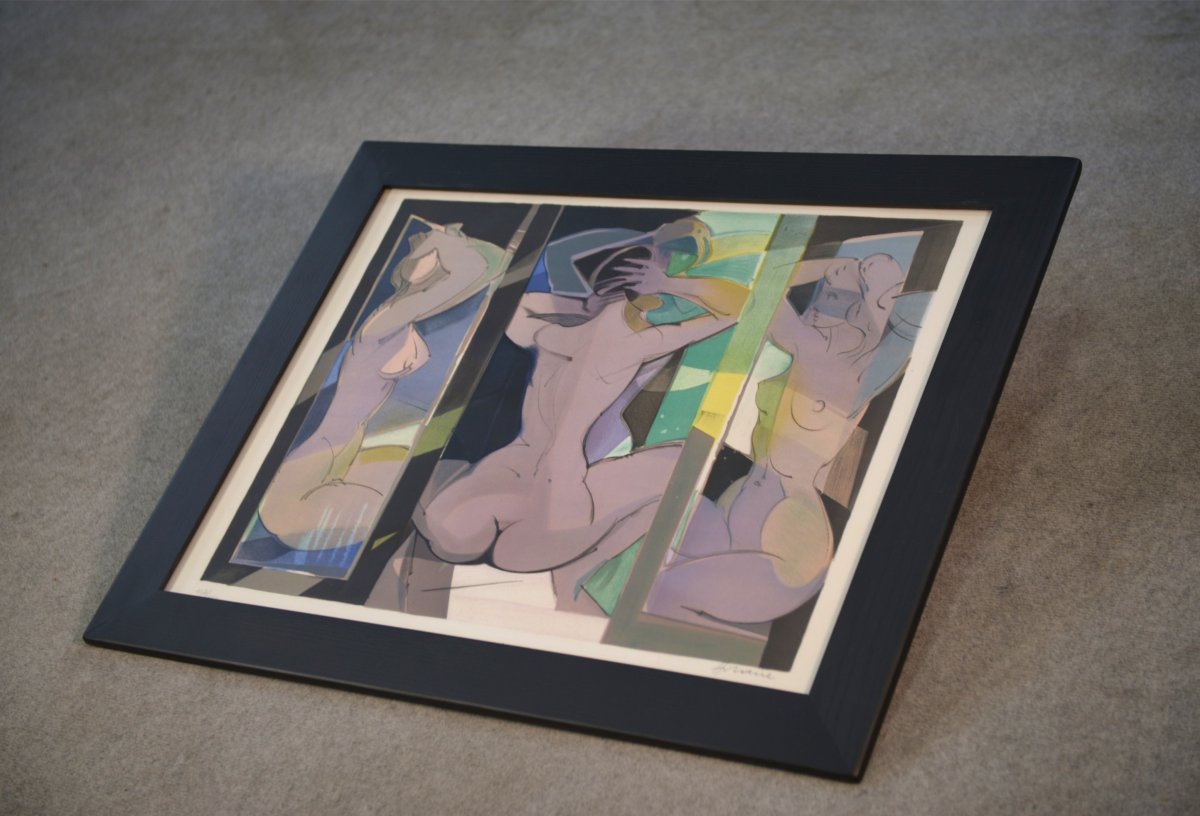 Tableau/lithographie "Trois nus" de Camille Hilaire, épreuve d'artiste numérotée 1940's-photo-4