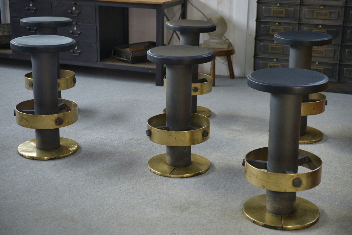 Set Of 6 Steel And Brass Stools, 1980s-photo-3