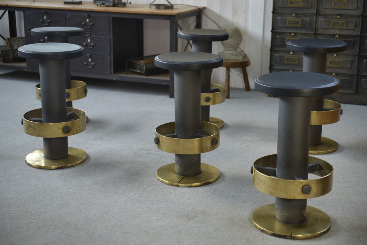 Set Of 6 Steel And Brass Stools, 1980s-photo-1