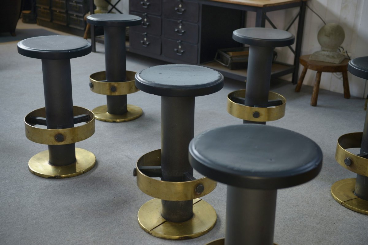 Set Of 6 Steel And Brass Stools, 1980s-photo-5