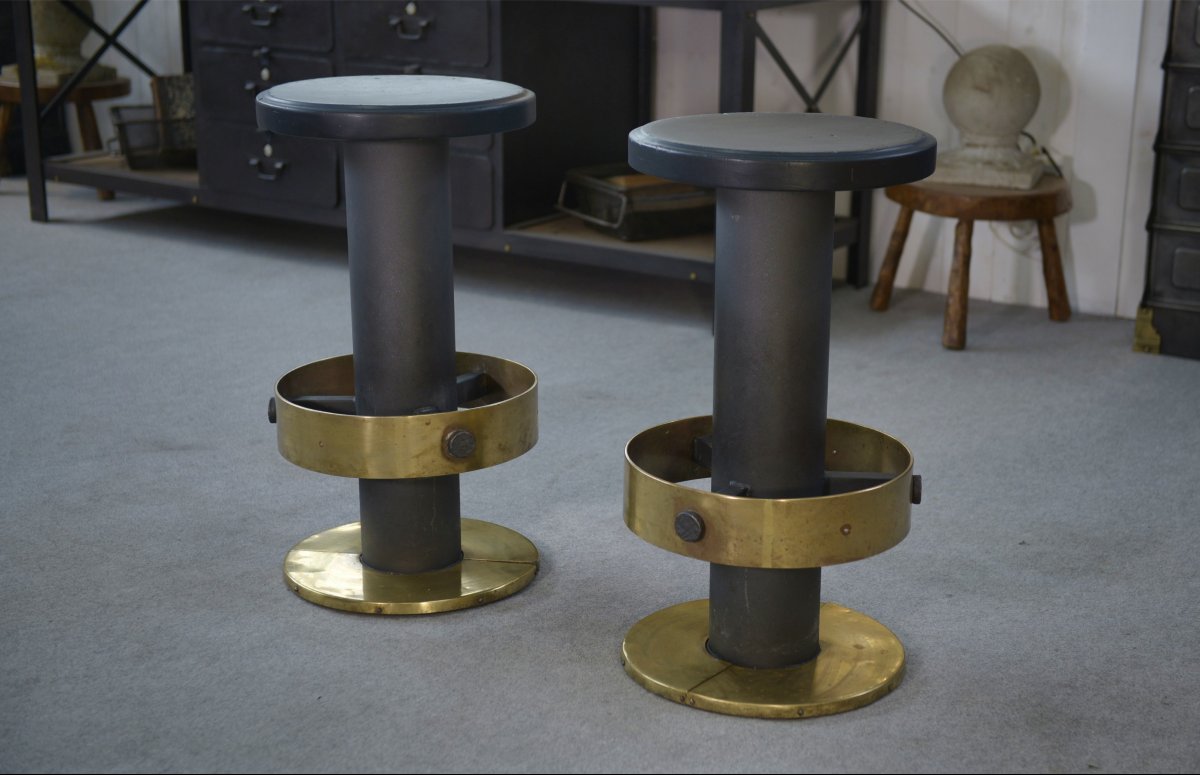 Set Of 6 Steel And Brass Stools, 1980s-photo-6