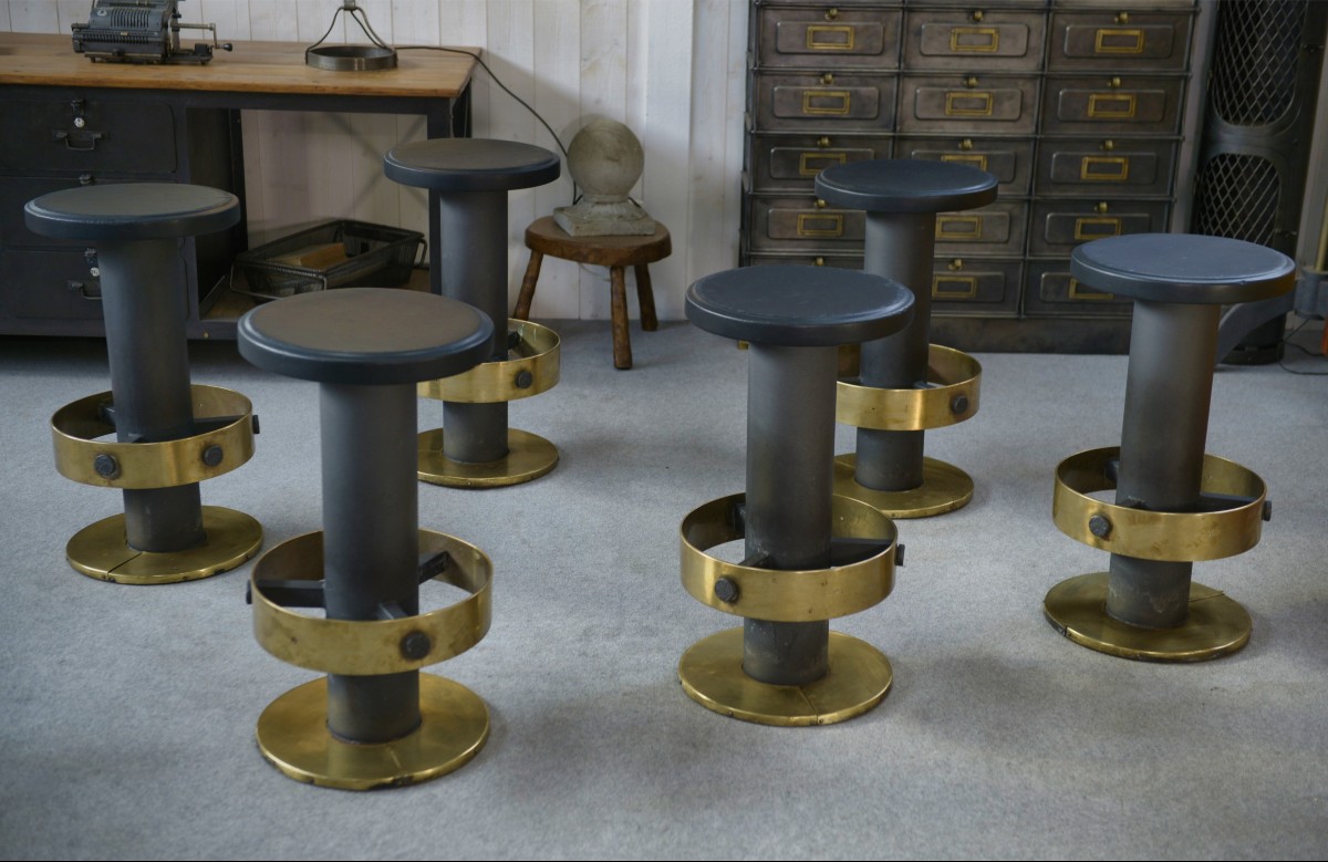 Set Of 6 Steel And Brass Stools, 1980s
