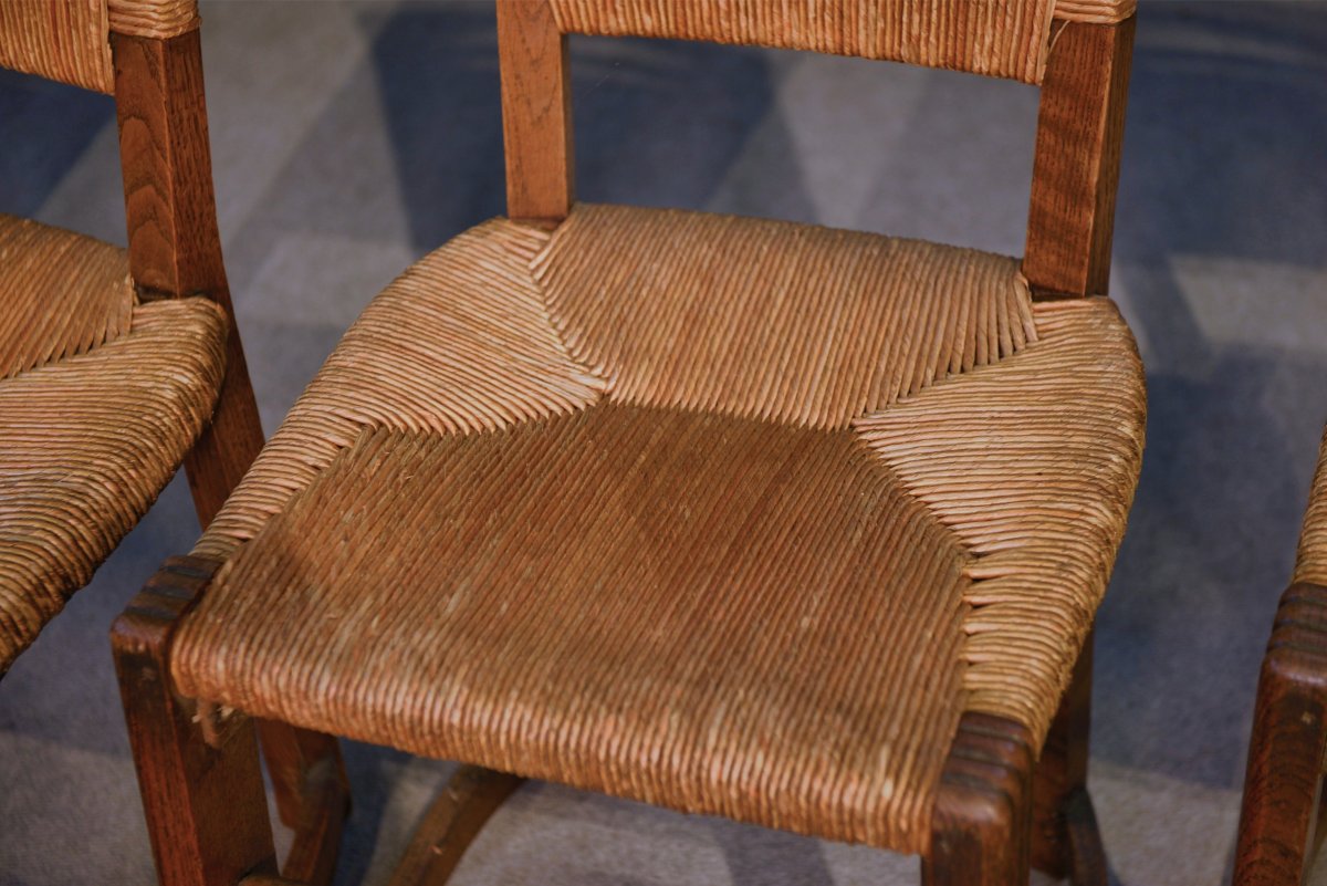 Ensemble de 5 chaises en chêne et jonc dans le goût de Charles Dudouyt 1950's-photo-2