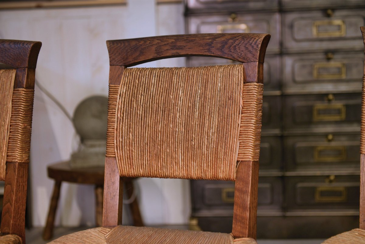 Ensemble de 5 chaises en chêne et jonc dans le goût de Charles Dudouyt 1950's-photo-4