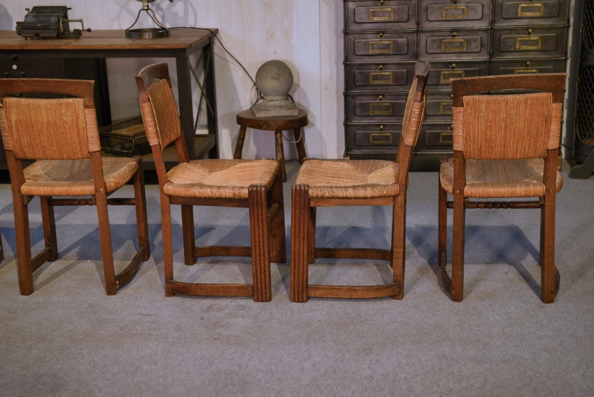 Ensemble de 5 chaises en chêne et jonc dans le goût de Charles Dudouyt 1950's-photo-2