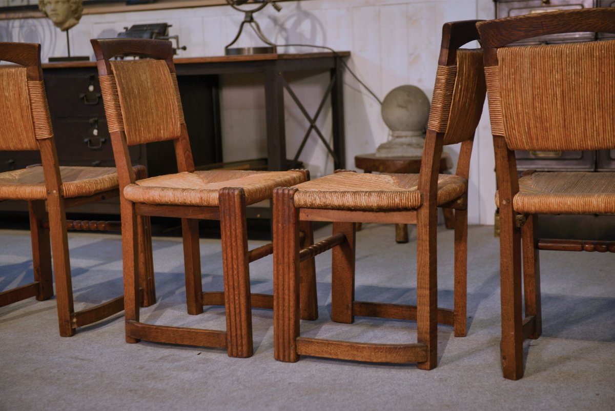 Ensemble de 5 chaises en chêne et jonc dans le goût de Charles Dudouyt 1950's-photo-3
