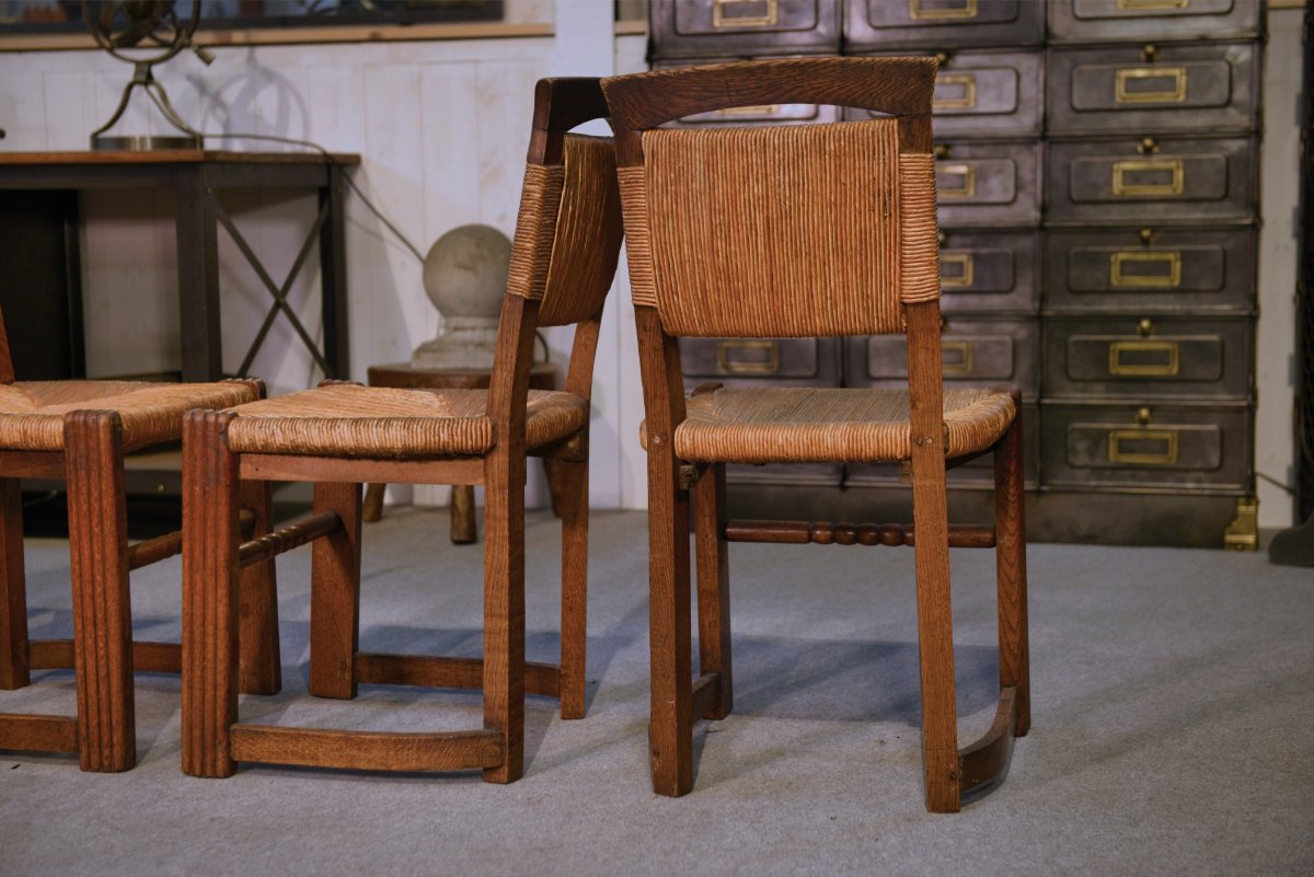Ensemble de 5 chaises en chêne et jonc dans le goût de Charles Dudouyt 1950's-photo-4
