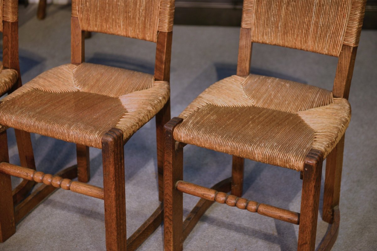 Ensemble de 5 chaises en chêne et jonc dans le goût de Charles Dudouyt 1950's-photo-6