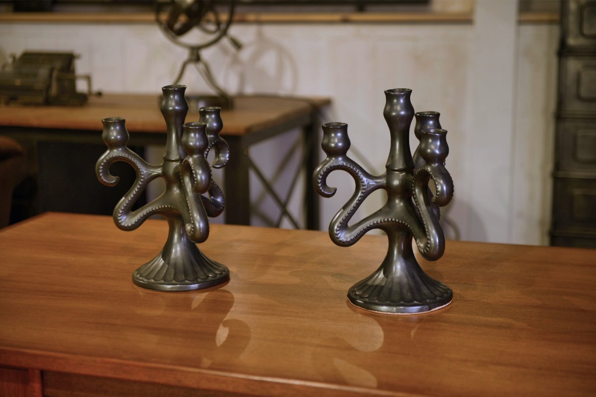 Pair Of Ceramic Candlesticks, Sars-poteries, 1950s-photo-1