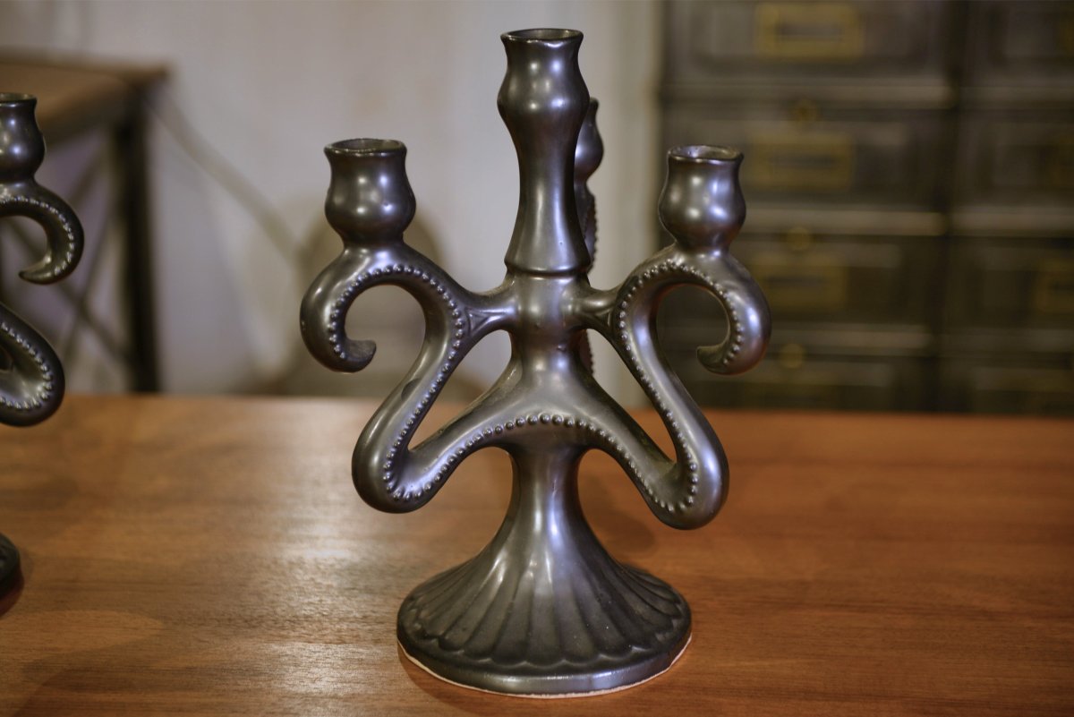 Pair Of Ceramic Candlesticks, Sars-poteries, 1950s-photo-3