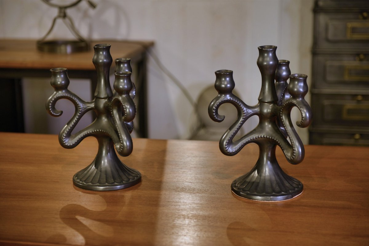 Pair Of Ceramic Candlesticks, Sars-poteries, 1950s-photo-4