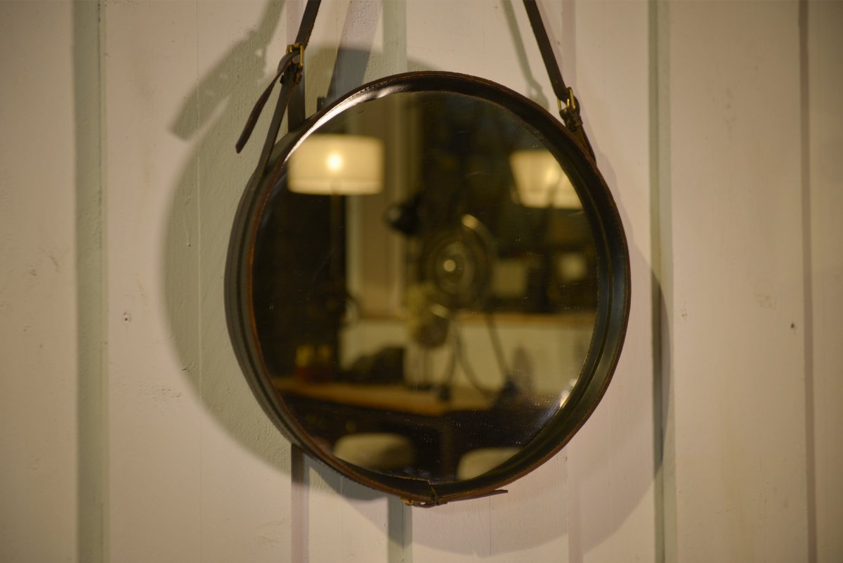 Black Leather Mirror By Jacques Adnet 1950's-photo-2