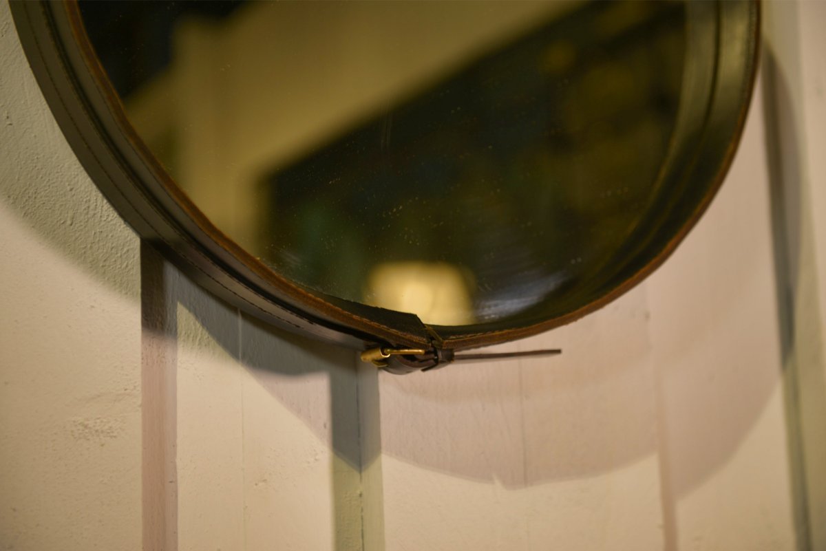 Black Leather Mirror By Jacques Adnet 1950's-photo-7