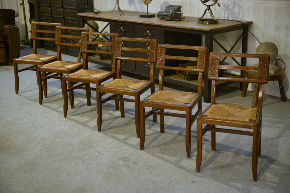 Set Of 6 Oak Chairs In The Style Of Pierre Cruège, 1940s