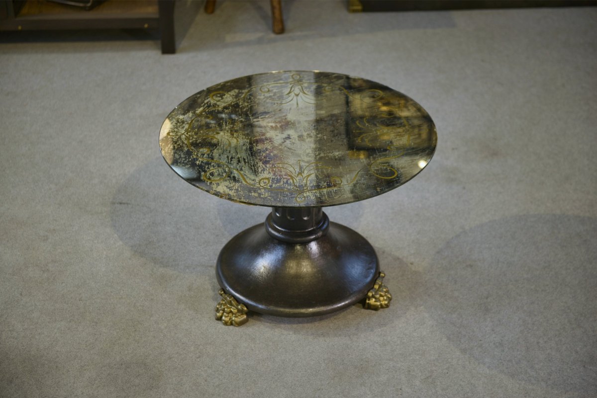 Table basse en fonte et verre églomisé néo-classique 1940's-photo-4
