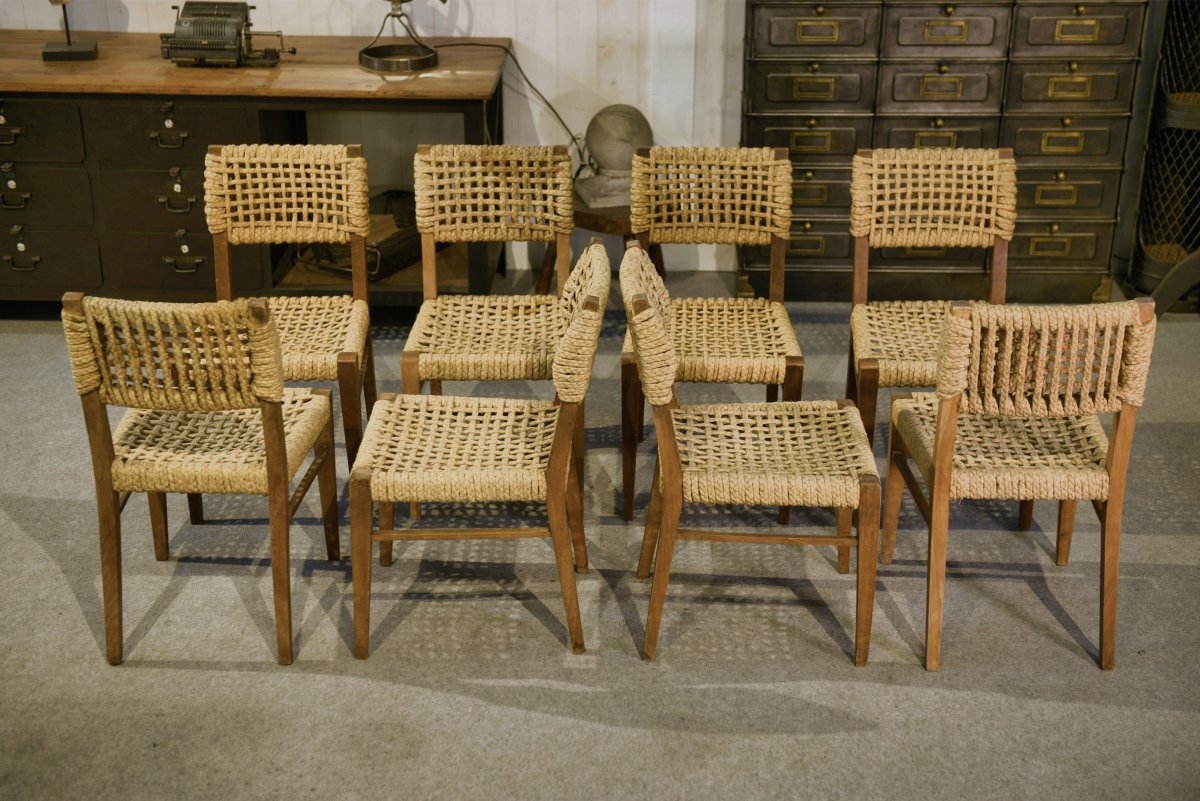 Ensemble de 8 chaises en corde par Adrien AUDOUX & Frida MINET pour VIBO Vesoul 1940’s-photo-4